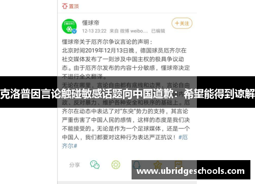 克洛普因言论触碰敏感话题向中国道歉：希望能得到谅解